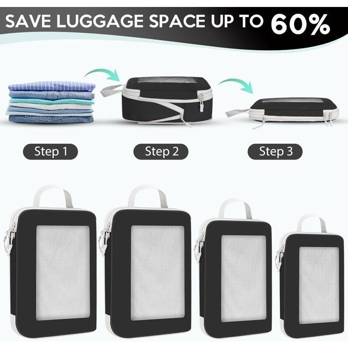 Organisateur Valise Lot De 6 Sacs Compression Voyage - Packing Cubes Gris Avec Fermeture Enroulable