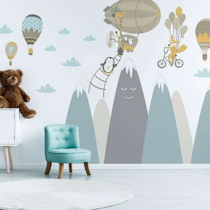 Sticker mural bébé enfant - Animaux volant en ballon - Blanc