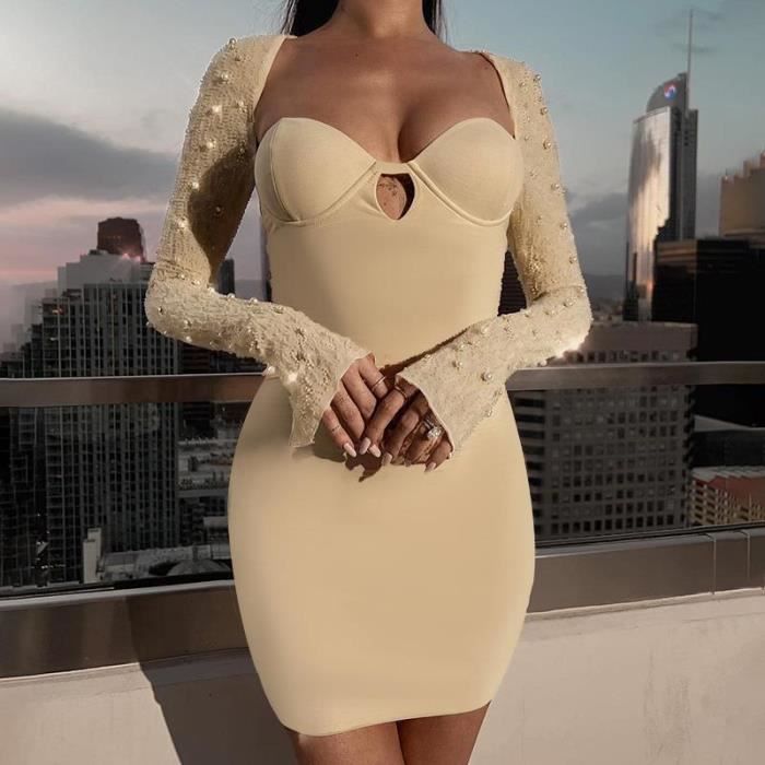 Robe Robe Sexy en soie glacee tenue elegante pour les soins de la peau avec des perles dos nu manches longues Kaki C13408 Blanc Cdiscount Pret a Porter