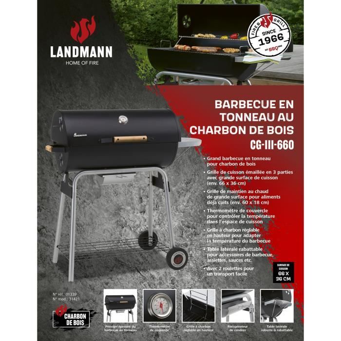 LANDMANN Barbecue charbon de bois en acier émaillé avec chariot et