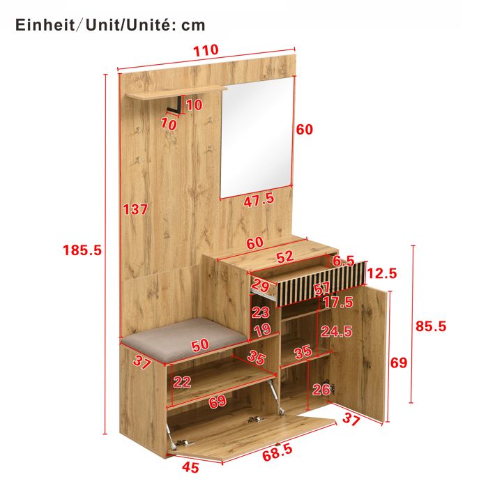 ByLIVING Ensemble De Vestiaires TAMINA / Commode Avec Armoire à Chaussures + Penderie Suspendue Avec Miroir Anthracite 100 X 190 X 25 Cm Lxhxp 95043517