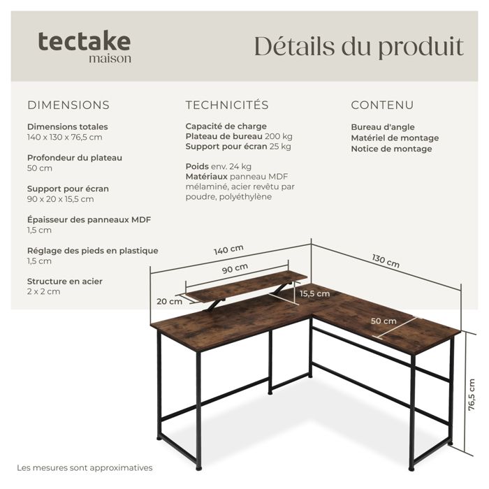 Table De Bureau Design Industriel En Bois MDF & Acier Bureau Ergonomique 140 X 60 X755 Cm Bureaux Informatique Bureaux Ordinateur Teletravail Bois Clair Industriel Chene Sonoma 92240360