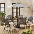 Table de jardin avec 6 fauteuils pliants gris et un parasol 2m. anthracite. structure acier avec revêtement anti rouille-0