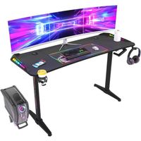 UNHO Bureau Gamer 160x60cm Bureau Gaming LED avec Gaming Rack-Chargeur à USB Hauteur Réglable 75-120cm