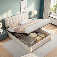 Fortuna Lai – Lit coffre 140x190 cm avec rangement – 2 tiroirs – Tête de lit avec éclairage LED – Sommier en bois massif – Velours beige