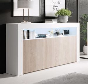 Buffet Bahut 3 portes LED | 155 x 91,5 x 37cm | Couleur Blanc brillant et Sonoma mat | Rangement | AKER