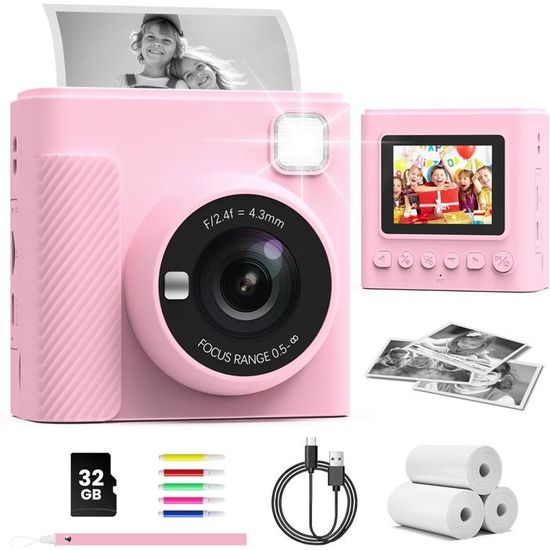 Appareil Photo Instantané 1080p Pour Enfants – écran 2,4 Pouces, Carte 32 Go, 10 Rouleaux Papier, Jeu De Filtres Et Dessins (cadeau Filles/garçons 3-14 Ans) 1080P HD