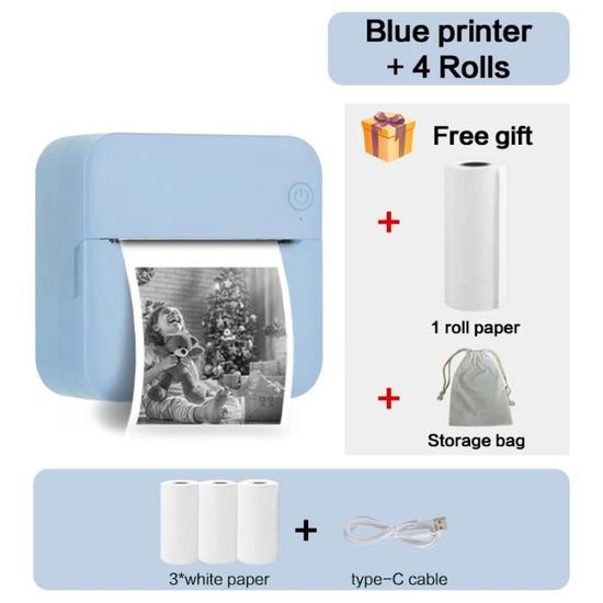 Mini Imprimante Portable Bluetooth – Sans Fil – Étiquettes Photos – Lot Avec 8 Rouleaux