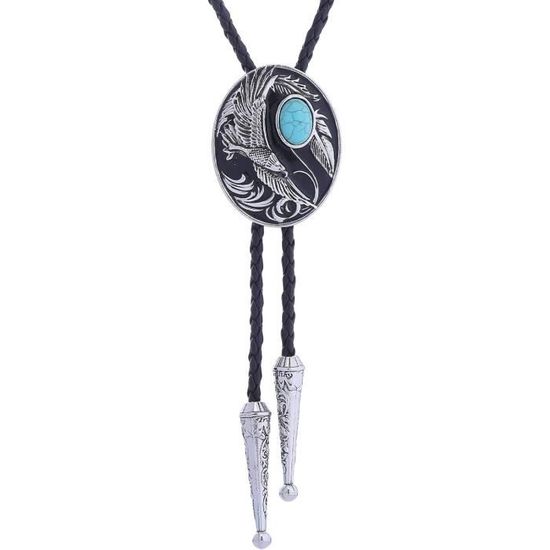 Ancienne Cravate Bolo Argent Massif Estampillée Chief, Avec Pierre Turquoise Et Tête De Loup