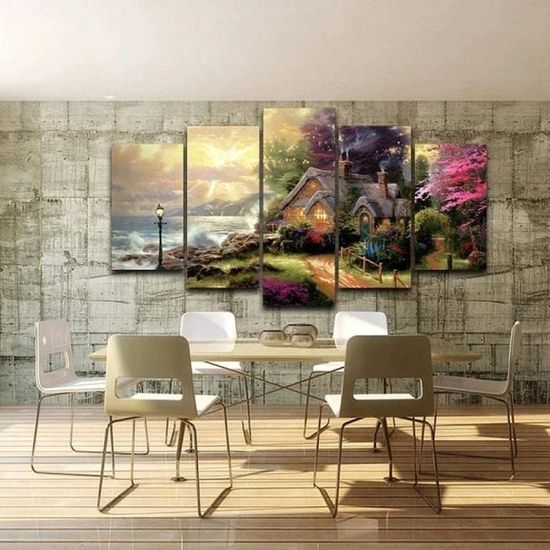 5 peintures sur toile-décoration murale-Cottage Bord de Mer-Décoration de la maison-avec cadre-Peut être accroché-100x50cm[757]