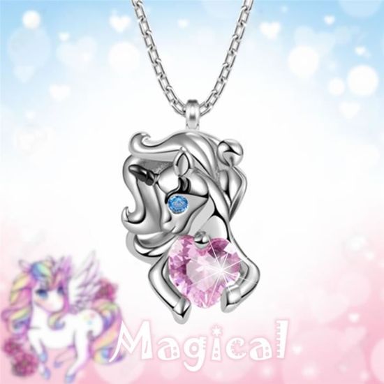 Collier Fille Pendentif Cœur Licorne Et Cheval - Chaîne 45+5 Cm - Alliage Et Verre - Cadeau Boîte Incluse