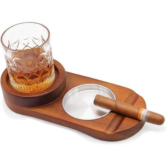 Cendrier agrave cigares avec plateau en verre agrave whisky et portecigares cendrier en bois fente pour tenir le cigare repos[2222]