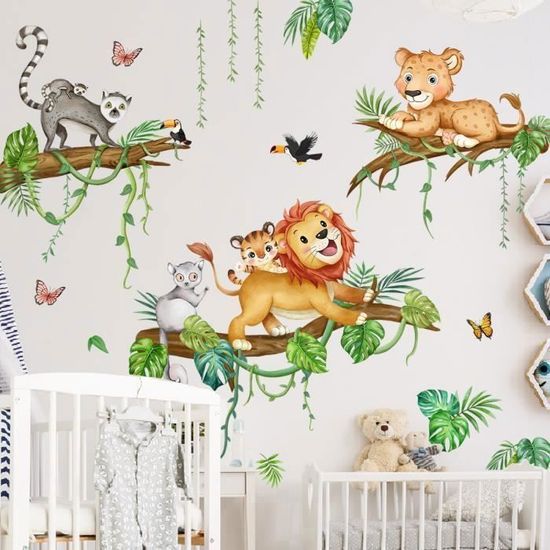 Stickers Muraux Jungle Bébé - Koala, Lion, Singe, Paresseux & Vignes - Décoration Chambre Enfant & Pépinière