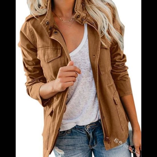 Veste Femme Militaire Blouson Pour Femme Saison Manteau Court Casual Zipper Jacket Poches Utility Jacket Kaki S Kaki Cdiscount Pret a Porter
