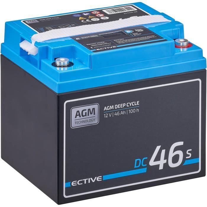 ECTIVE 12V 46Ah AGM batterie decharge lente Deep Cycle DC 46S avec écran LCD/ marine, moteur electrique bateau, camping ca