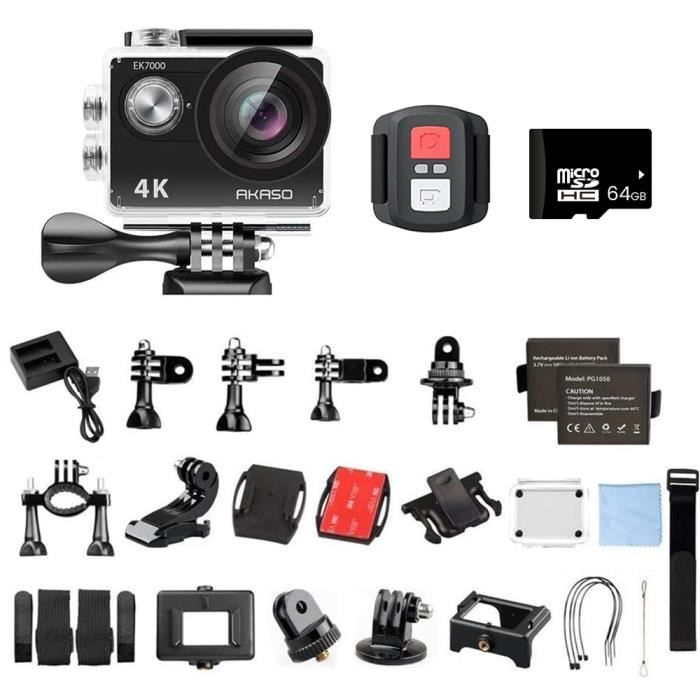 AKASO EK7000 Caméra Sport Etanche 4K WiFi Action Cam 30fps, Caméscope Ultra HD, Écran LCD, 170°, 19 Kits d'Accessoires - Noir