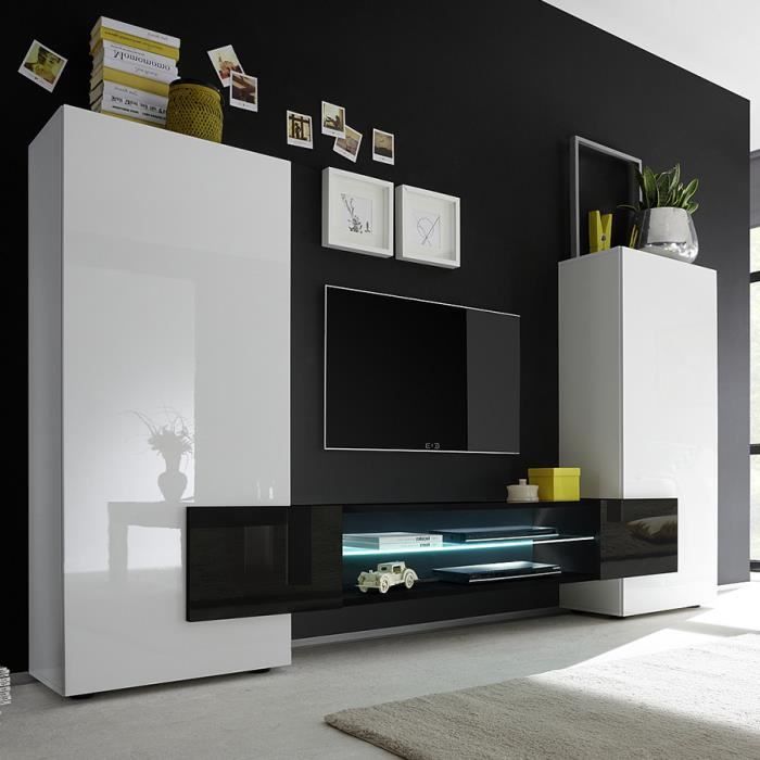 Ensemble meubles TV blanc et noir laqué brillant EROS 3 Sans L 258 x P 37 x H 143 cm Blanc
