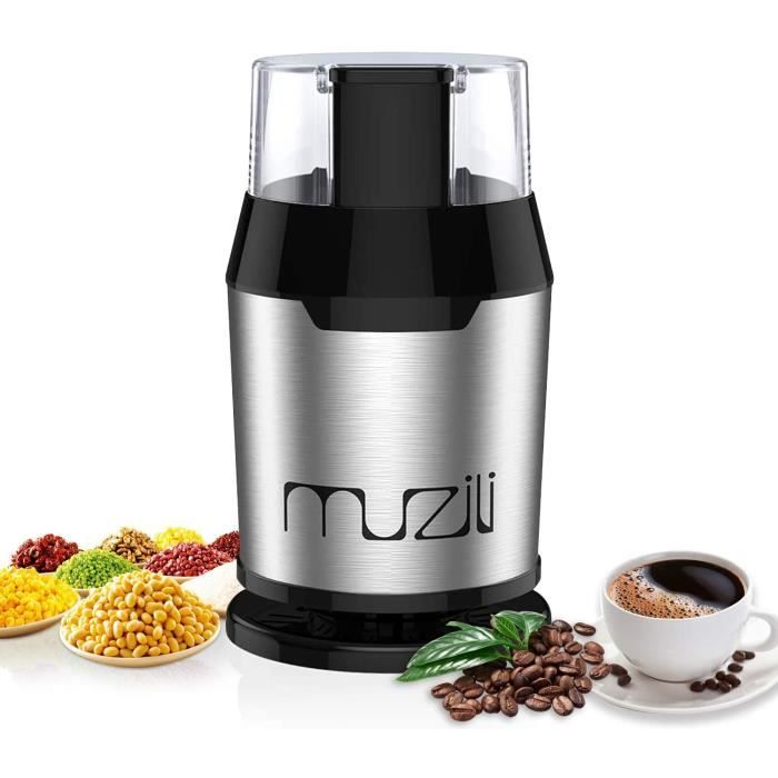 Moulin à Café Électrique, Muzili Moulin Noix et Céréales 22000tr/min Moulin à Grains Lames 304 Inoxydable 55dB Silencieux 50ml Capac