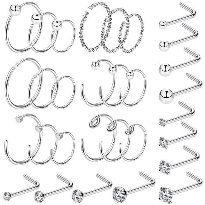 OUFER 30 Pcs Piercing Nez Septum Piercing Oreille en Acier chirurgical 316L en Forme de L et C avec CZ, Anneau de Nez 20G, 6-10mm