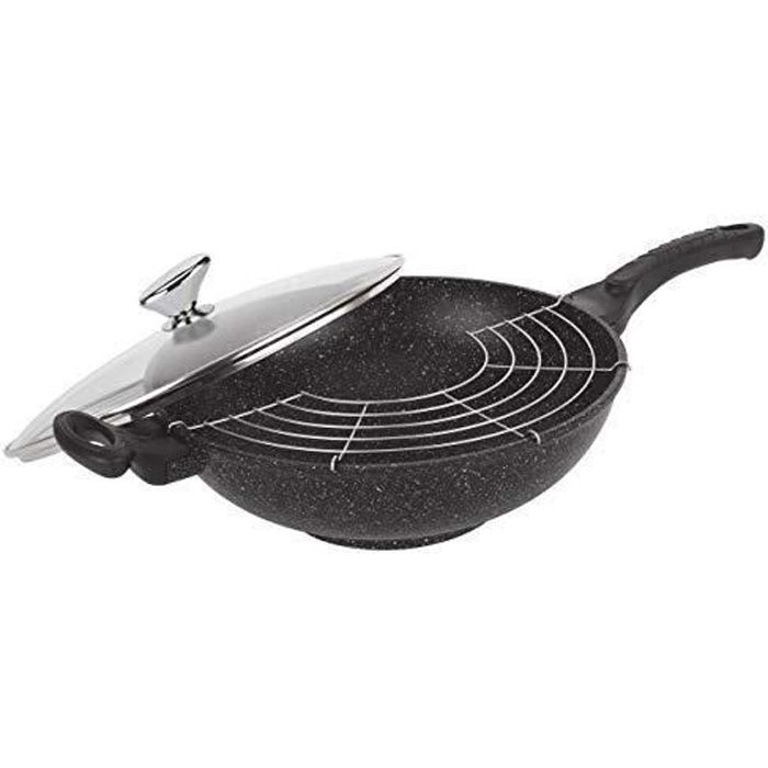 Pradel Excellence - 52885M - Wok 32 cm -Façon Pierre- avec Couvercle en Verre, tous Feux dont Induction