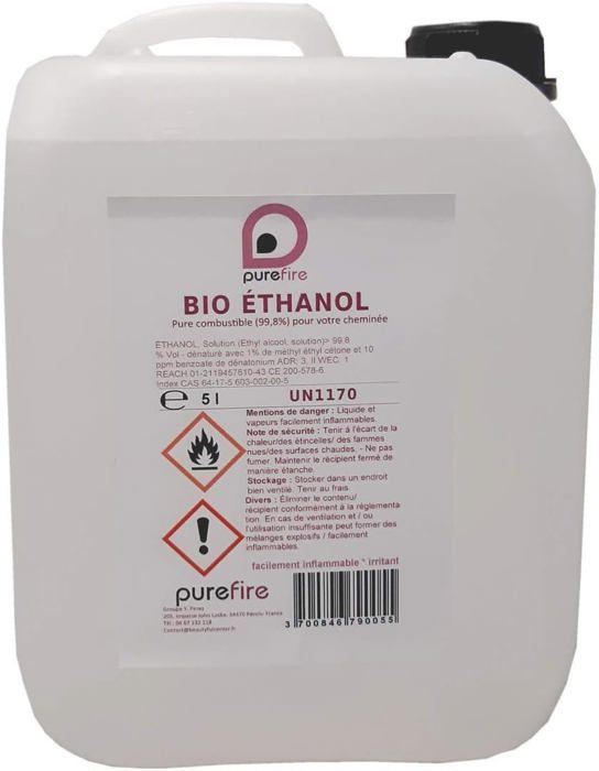 Bio-éthanol liquide, Combustible Haute-Performance à 99,8% ,PUREFIRE by Purenail,, 1 jerrycans de 5 Litres, Sans fumée ni odeur