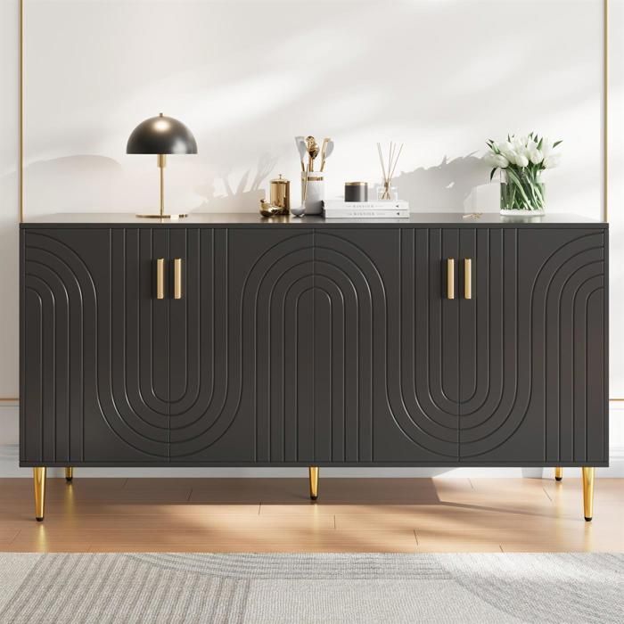 Buffet - Noname - 152x40x75 cm - Noir - 4 portes - Design ondulé