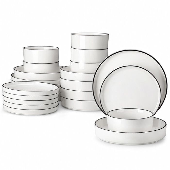 Service De Table Porcelaine LEILA MALACASA – 24 Pièces Pour 6 Personnes – Motif Relief Ondulé Blanc & Bord Noir – Lavable Lave-Vaisselle