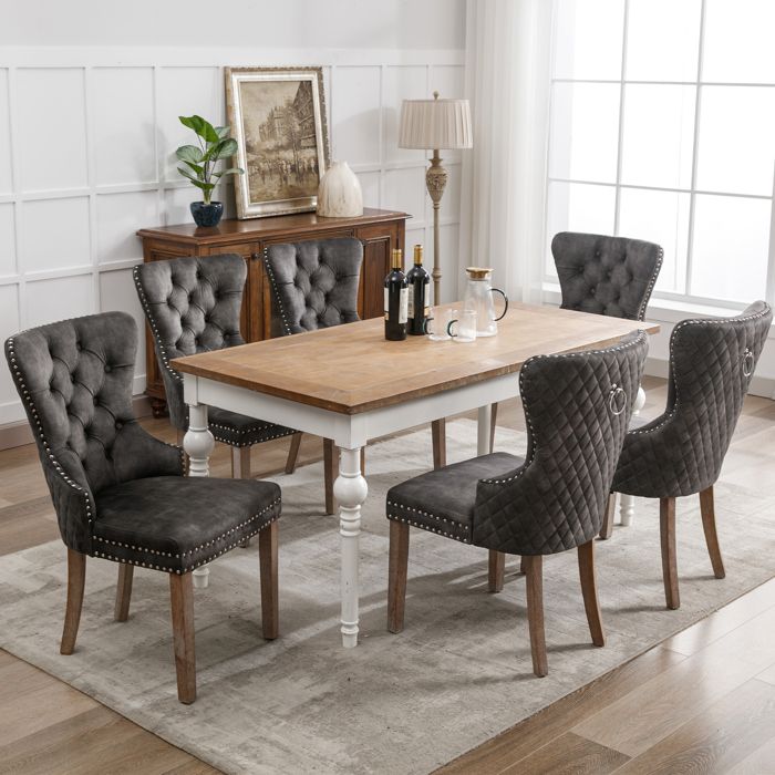 Lot de 6 Chaises Capitonnées Gris en Velours - Style Classique & Design - Pieds en Bois - Chaises de Salle à Manger Salon