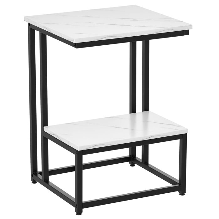 Table dappoint - HOMCOM - structure acier noir - plateau étagère aspect marbre blanc