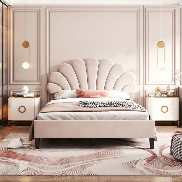 Lit Double 140x200 cm Lit Rembourré Adulte avec Tête de Lit en Forme de Fleur et Sommier a Lattes Velours Doux pour la Peau