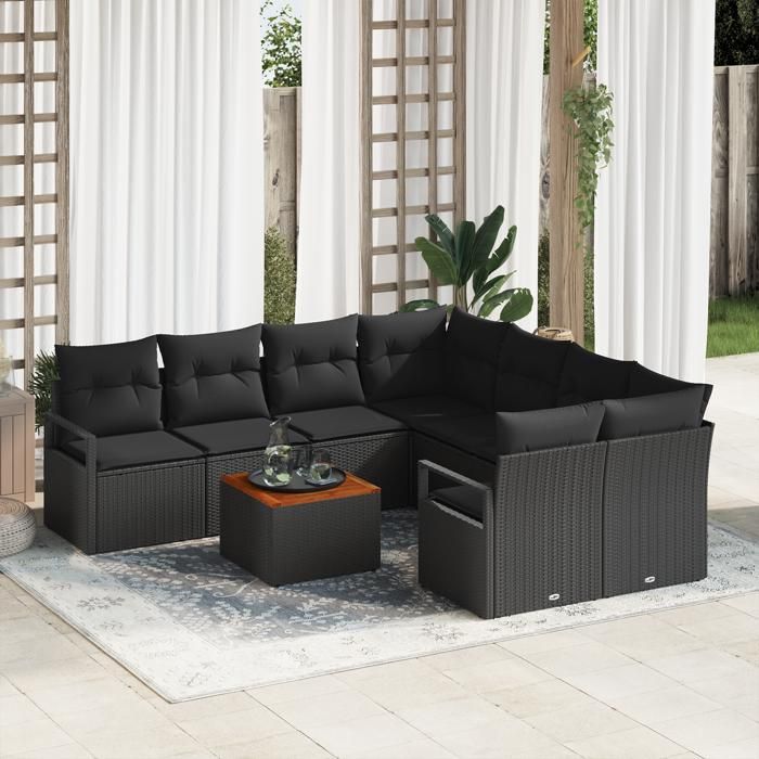 Ensemble de Canapé de Jardin 9 Pièces avec Coussins Poly Rattan Noir Acacia Canapé de Jardin 2 Places avec Rangement 3356357