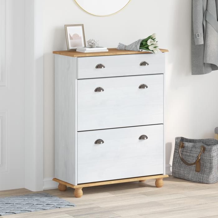 Meuble d’entrée - Cabinet à chaussures ASKIM - Blanc - 3 tiroirs - Bois massif pin