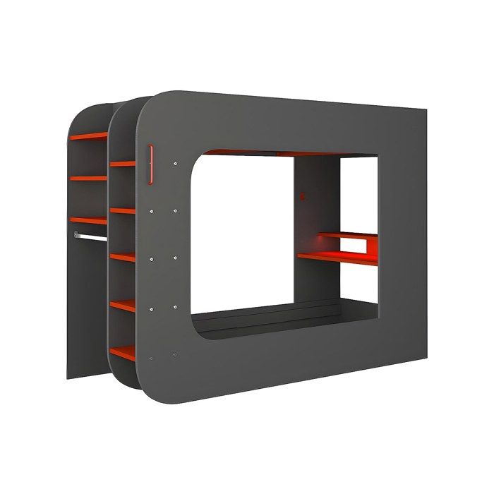 Lit mezzanine gamer 90 x 200 cm - Avec bureau et rangements - Avec LEDs - Anthracite et rouge - WARRIOR