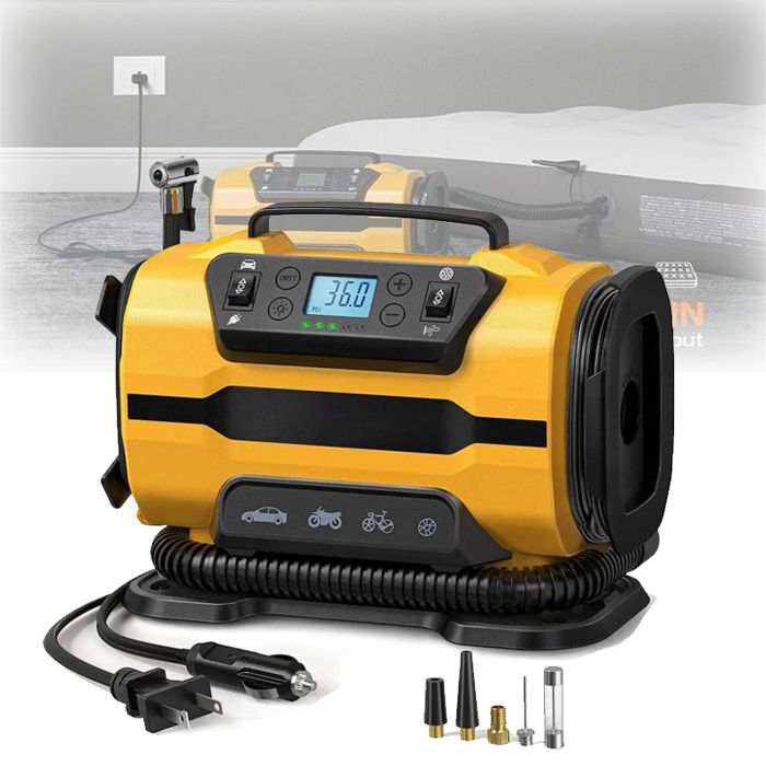 Compresseur dair Portable Double Puissance AC/DC Pompe De Gonflage De Pneus for Voiture Bateau Matelas De Vélo Gonfleur Rapide
