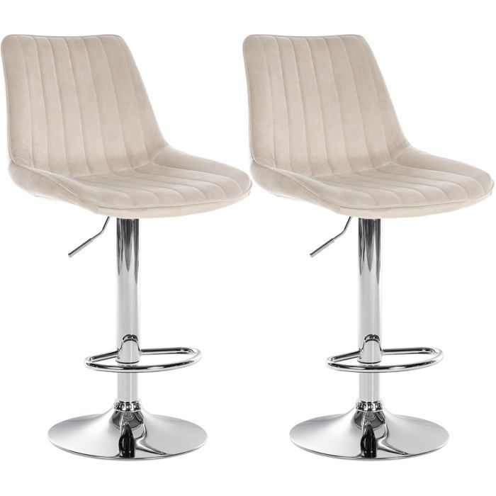 Lot de 2 tabourets de bar reglable en hauteur pivotant a 360° assise en velours creme couture verticale pied metal chrome 10_00059