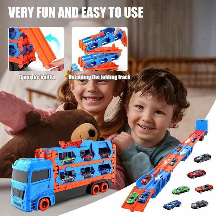 Voiture enfant Camion de Transport Jouet Camion PIMPIMSKY 6 voitures en alliage Pliable avec Piste camion de transport Jouet