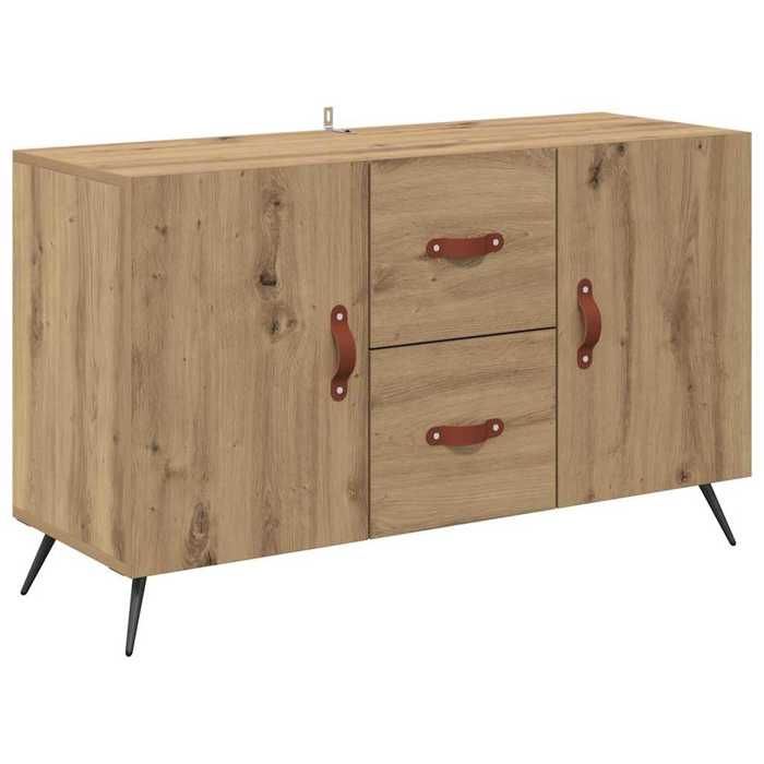 Buffet en bois dingénierie - GKO - 100x36x60 cm - Chêne artisanal - Avec tiroir - 2 portes - Poignées en cuir