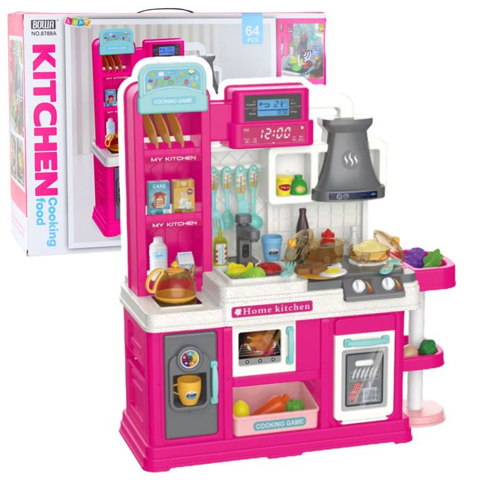 Cuisine jouet rose pour enfant - 64 accessoires eau vapeur sons et aliments qui changent de couleur