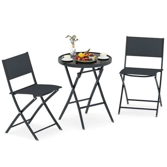 Ensemble 3 PCS Table et Chaises Pliant de Jardin COSTWAY Siège en Tissu Respirant Plateau en Verre Trempé pour Patio Salle à Manger
