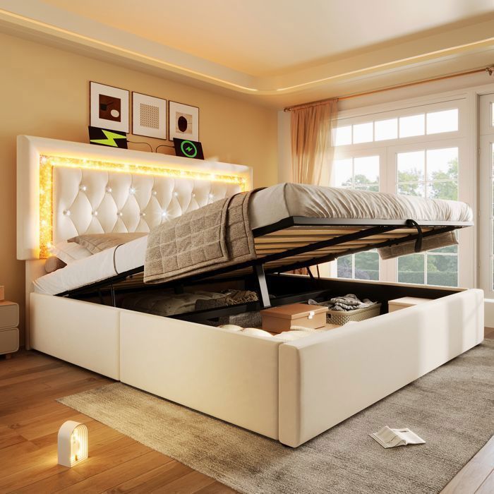 Lit Coffre Hydraulique Luxueux - 160x200 cm - Velours Beige - LED USB et Type-C - Lit Double Large - Tête de Lit Capitonnée Lit Coffre Hydraulique Luxueux - 160x200 cm - Velours Beige - LED USB et Type-C - Lit Double Large - Tête de Lit Capitonnée