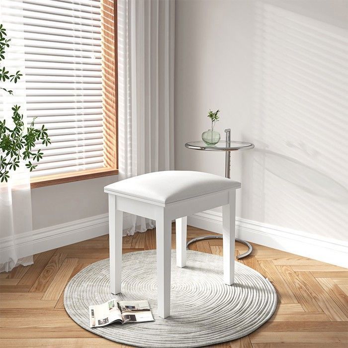 Tabouret de Coiffeuse Blanc Moderne Rembourré Sans Dossier Cuir PU Doux Pieds en Bois Massif Pouf Ottoman