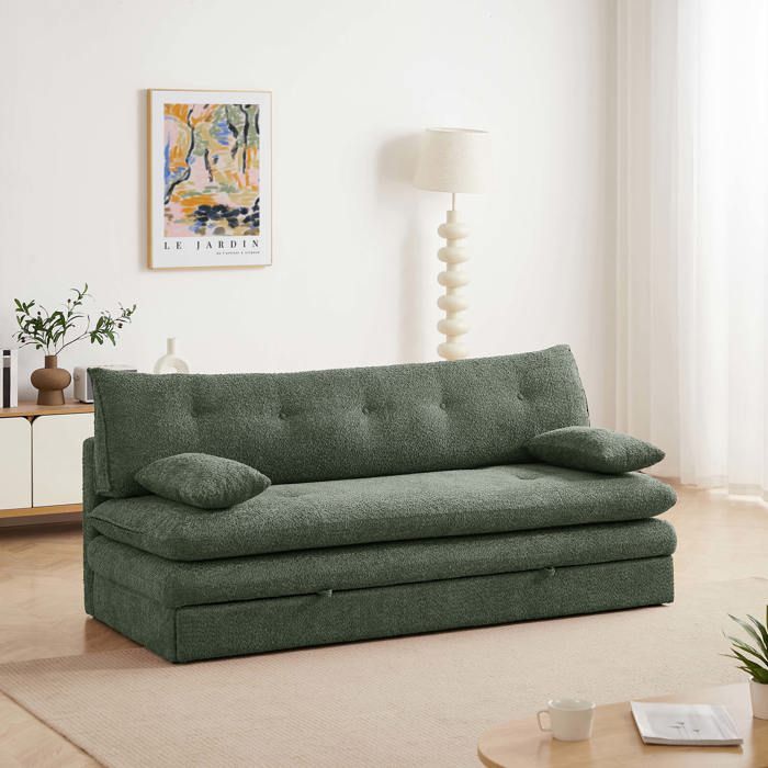 Banquette convertible KIARA 3 places tissu bouclette vert Banquette convertible KIARA 3 places tissu bouclette vert