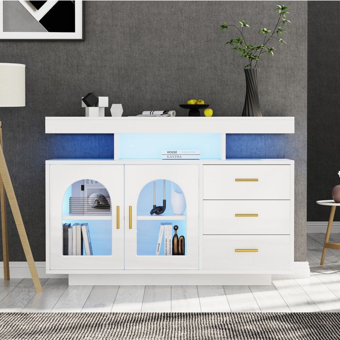 Buffet de cuisine LED 2 portes et 3 tiroirs 120×40×80 cm en acrylique et panneau de particules moderne Blanc