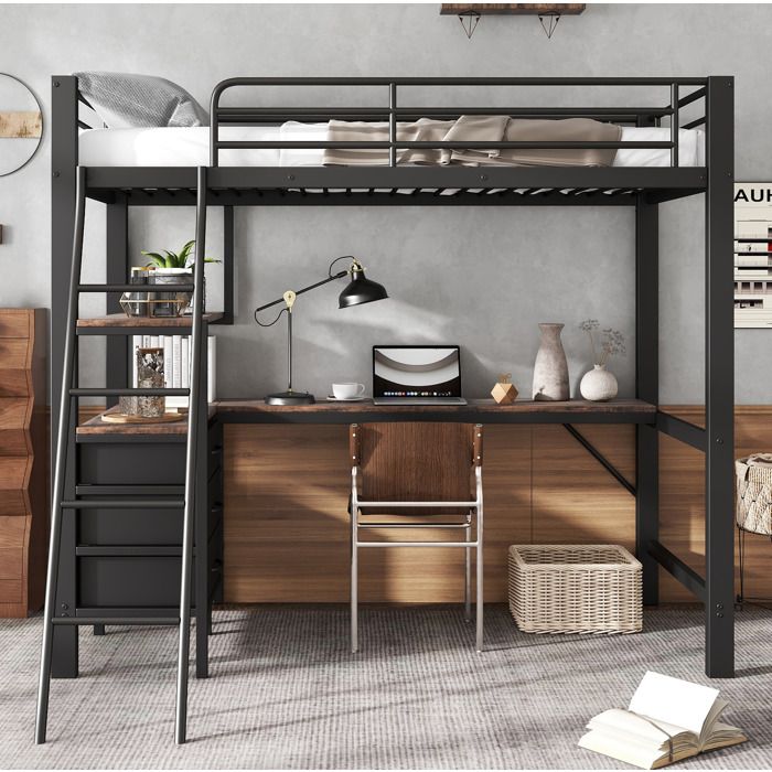 Lit mezzanine enfant 90 × 200 cm en métal noir avec bureau 2 m et 3 tiroirs