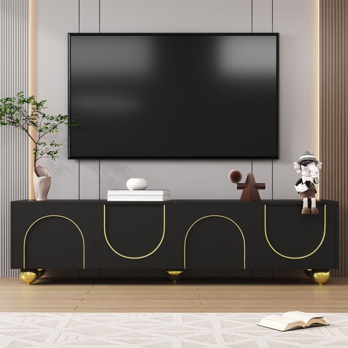 Meuble TV - KOMHTOM - 170x38x44 cm - 4 portes texturées - ouverture pression - pieds ronds dorés