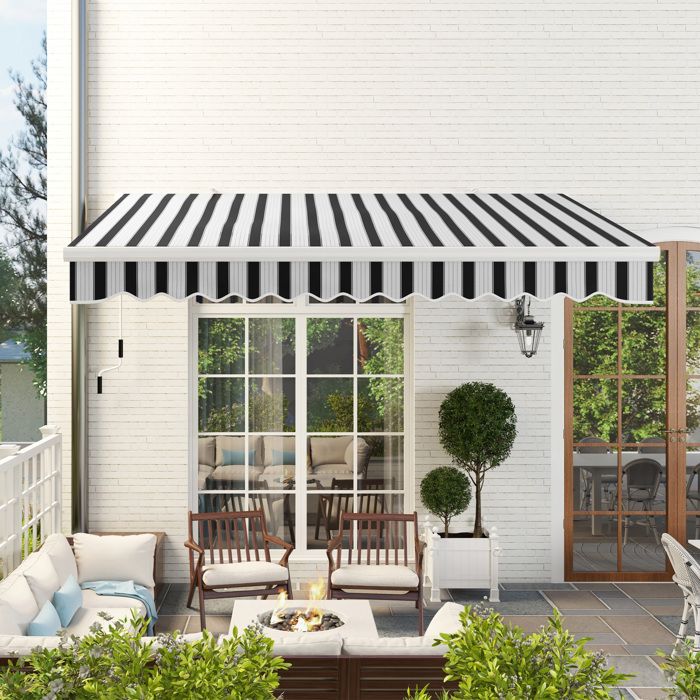Store Banne Manuel 395 x 245 x 350 m - Manivelle Anti-UV Polyester et aluminium Blanc/bleu Terrasse Balcon Jardin