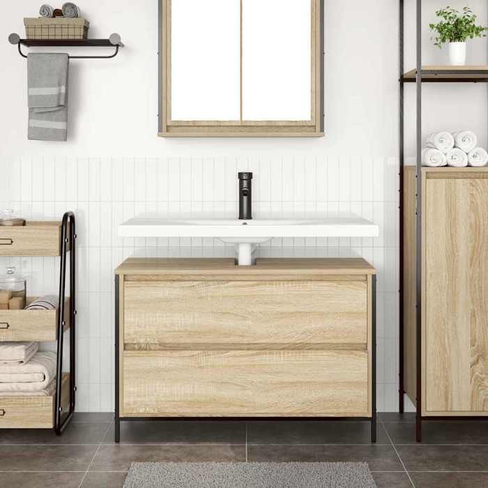 (17718)Moderne Meuble salle de bain lavabo tiroirs chêne sonoma 90x345x60 cm poid:23.15 kg