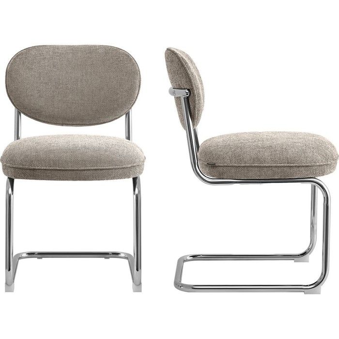 Lot de 2 chaises de salle à manger en tissu chenille taupe piètement chromé - Lou Lot de 2 chaises de salle à manger en tissu chenille taupe piètement chromé - Lou
