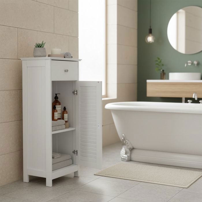 Armoire de Salle de Bain Placard Étroit Armoire de Rangement Petite Armoire avec Tiroir Porte à Persiennes Blanc Armoire de Salle de Bain Placard Étroit Armoire de Rangement Petite Armoire avec Tiroir Porte à Persiennes Blanc