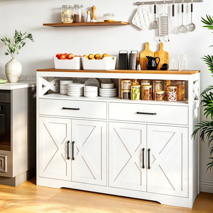Buffet blancmeuble rangement tiroirs portesarmoire cuisine étagères réglablescompartiment ouvertbuffet salle mangerpour cuisine